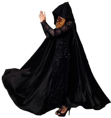 Buen Don Mantello da Donna con Cappuccio, in Raso, Lungo, per Matrimonio, Abito da Sposa, Carnevale, Halloween, Costume Medievale, Vampiro, Streghe (Nero)