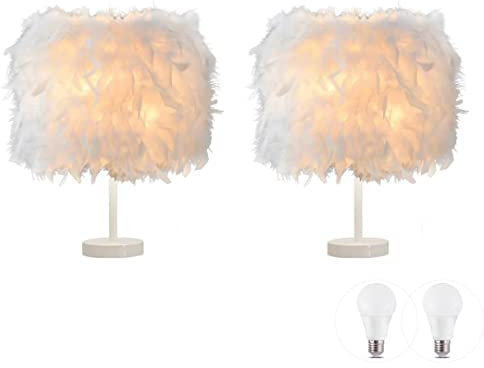2 Stück Weiße Feder Tischlampe Nachttischlampe Feder Nachttisch Lampenschirm Tischbeleuchtung Dekoratives Tischlicht Nachtlicht für Wohnzimmer, Schlafzimmer, Wohnkultur, S