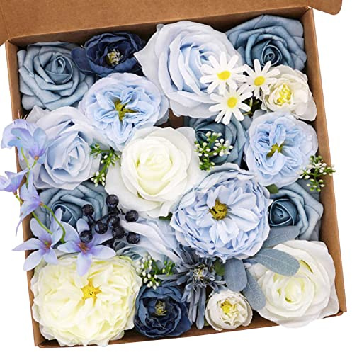 Fouriding künstliche gefälschte Rosen Blumen für DIY Hochzeit Blumensträuße Centerpieces Arrangements Valentinstag Muttertag Baby Dusche Geburtstag Torte Home Decoration (Blau Weiß)