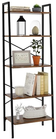 Oak & Tea Ladder Shelf, Ladder Bookcase, 5-Tier Bookshelf, X-Brace Support, 172 cm, Steel Frame, Industrial Style, for Home Office Study Living Room Bedroom, Rustic Brown+Black