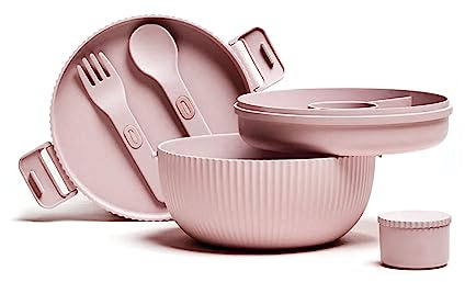 NACHHALTIGE DELUXE SCHALE - Lunchbehälter - auslaufsichere Schüssel mit Gabel & Löffel - Separates Fach mit Deckel - Für Salat, Müsli, Reis, Bento, Frühstück - BPA-frei - 1x 623.7 g, 2x 192.8 g, 1x