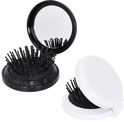 2 Pezzi Spazzola per Capelli Pieghevole con Specchio da Viaggio, Portatile Rotonda Pettine per Capelli Pieghevoli, Mini Pettine per Massaggio per Capelli per Uomini Donne e Ragazze, Nero + Bianco