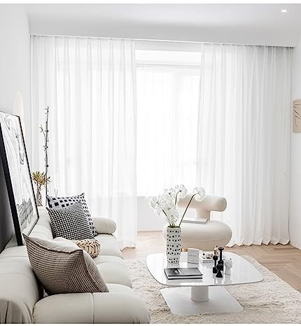 Mesnt Gardine Durchsichtig Weiß, Reine Farbe halbtransparent Vorhang für Wohnzimmer, Schlafzimmer Fischgrätenmuster aus Polyester, Weiß-Haken, 137x214CM-2 STÜCK