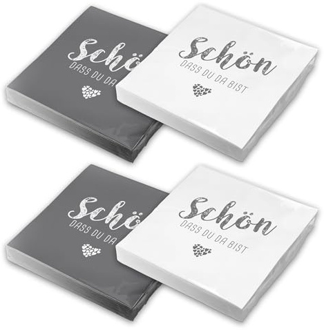 itenga Servietten Schön dass du da bist 30 x 30cm 3-lagig 80 Stück für Kommunion Konfirmation Hochzeit Taufe und andere Feiern (MixPack - 40x grau und 40x weiß)