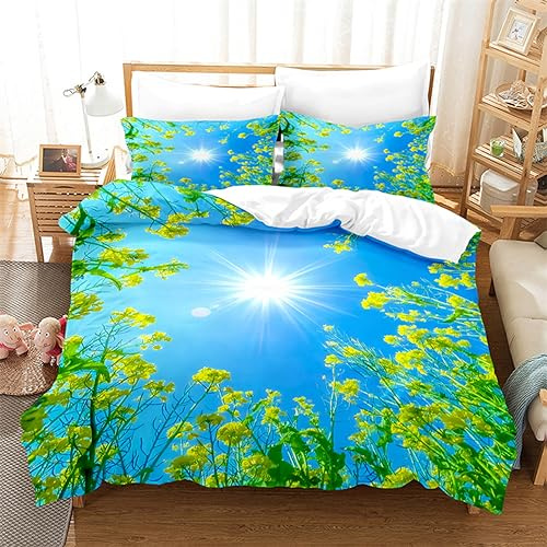 BJCJGGL Parure de Lit 220x240 Adulte Fleur De Colza Bleue Housse de Couette 2 Personnes avec Fermeture Éclair et 2 Taie d'oreiller 65x65 cm - Doux Confortable Respirant Microfibre Housse de Couette