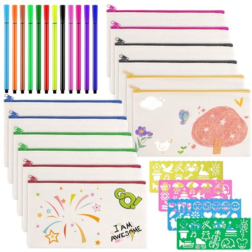 12 PCS DIY Pochette Tissu Zippée Avec 12 Crayons Aquarelle et 4 Gabarits, 12 x 21cm Toile Trousse de Rangement Personnalisable, Vierge Pour Voyage, Maquillage