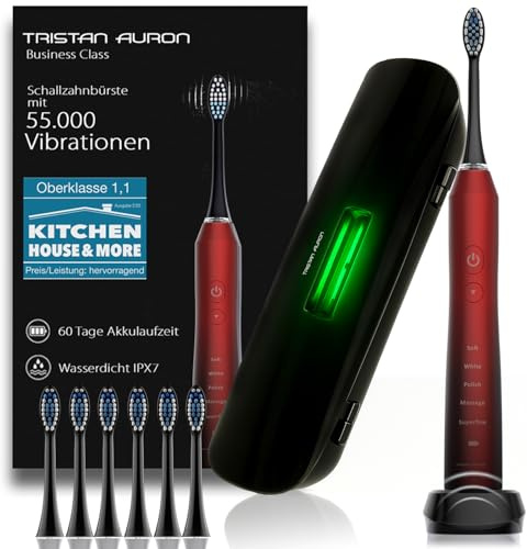 Tristan Auron Schallzahnbürste - Beste Reisezahnbürste 2025-100 Tage risikofrei testen - 55000 Elektrische Schwingungen 5 Programme 60 Tage Batterie mit UV Reiseetui 6 Aufsätze Business Class Rot