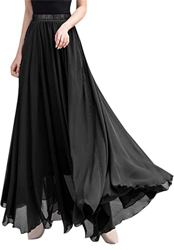Jupe Longue En Mousseline De Soie Femme Mode Fluide Couleur Unie Jupe Boheme Avec Doublure IntéRieure Taille Haute Jupe Chic Et Elegant Confortable Et Respirant D'éTé ExtéRieur DéContractéE