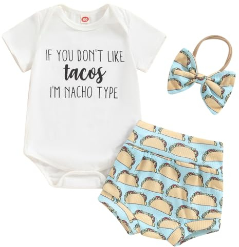 Newborn Baby Girls Clothes Summer If you don't like tacos i'm nacho type Bodysuit and Shorts Headband 3pcs Outfit (White, 6-12 Months)