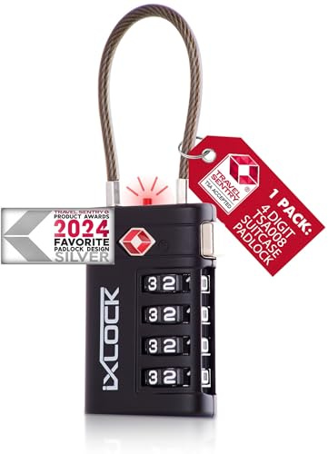 iXLOCK TSA Schloss für Koffer, 4-stellig Kabelschloss TSA008, Schwarz 1 Stück
