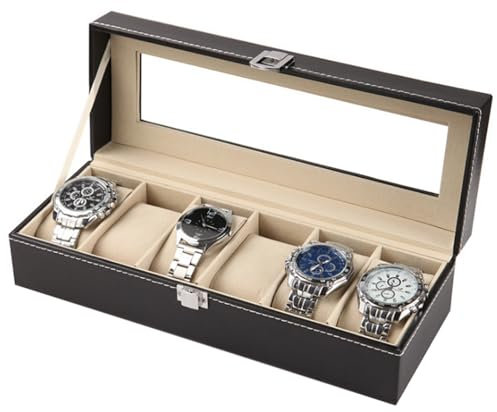 VHVYWY Uhrenbox mit Glasdeckel, Uhrenkoffer Flanell Innenfutter, Uhren Aufbewahrung für Damen Und Herren, Organizer Box PU Leder, Uhrenkasten für Damen Und Herren 6 - Grids