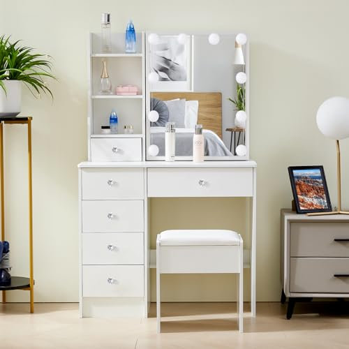 Postazione trucco, Specchiera trucco, Toletta da trucco con specchio regolabile LED illuminato, Tavolino da toilette con 6 cassetti, 3 ripiani aperti per la camera da letto (maniglia in cristallo)