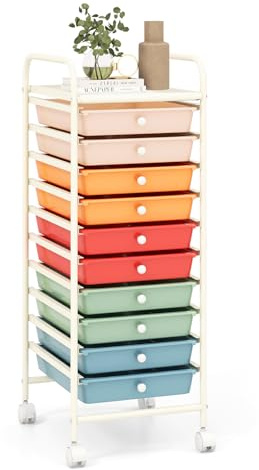 COSTWAY Carrello con 10 Cassetti da Stoccaggio, Cassettiera di Metallo e Plastica, Contenitore Multiuso con Ruote a Freno, per Casa e Ufficio (Colorato)