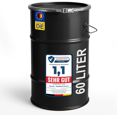 plasteo® 60 Liter Stahlfass Hobbock Deckelfass Stahlbehälter | Tiefschwarz | UN-Zulassung | Made in DE | Lagerung Transport und Aufbewahrung | Robust Stabil | Luftdicht verschließbar