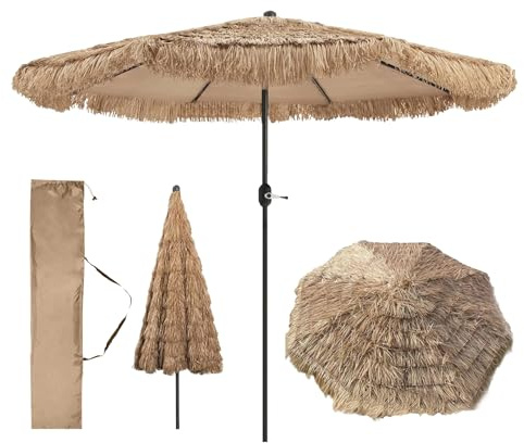 Ggipxalatyr Groß Strandschirm, Reisstroh Strandschirm, Uv50+ Sonnenschirm Balkon, Hawaïi Strohschirm Mit Kurbel, Windfest, Geeignet Für Strand, Garten, Terrasse, Pool