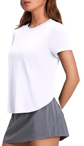 PINSPARK T-Shirt de Sport à Manches Courtes pour Femme - T-Shirt de Sport UPF 50+ - Chemise de Course Respirante - Col Rond - Yoga - Haut Fendu sur Le côté - Chemise Fonctionnelle décontractée