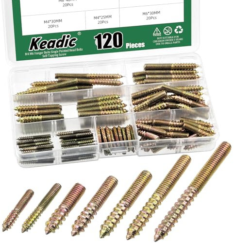 Keadic 120Pcs Hanger Bolts, Colored Hanger Bolts, Zinc Plated Hanger Bolts, M4 M6 Single Headed Bolts Self-Tapping Screw Hanger Bolts Wood Dowel Screw for Furniture