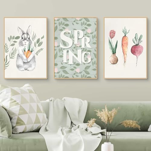 3er Ostern Poster Set, Bilder Kinderzimmer Poster Babyzimmer, Frühling Wandbilder Bunte Kaninchen Ei Ostern Bilder Poster & Kunstdrucke, Geschenk für Mädchen und Jungen, Ohne Rahmen (DEF,30x40cm)