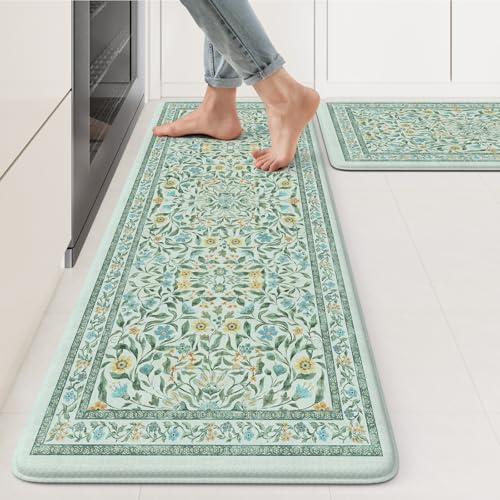 KIMODE Küchenmatten für den Boden, Anti-Ermüdung, Küchen-Fußmatten, 43,9 x 73,7 cm + 43,9 x 119,4 cm, Boho-Blumenmuster, Küchenteppich-Set, 2er-Set, bequem gepolsterte Teppiche für Küche, Boden,