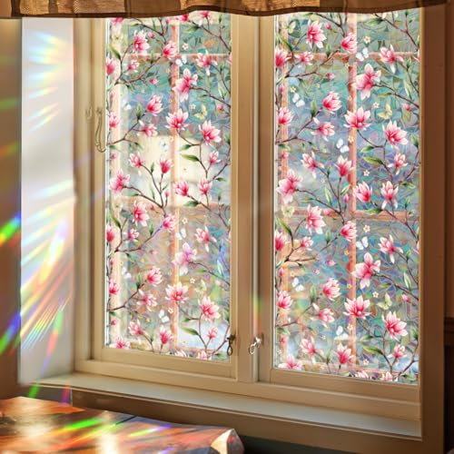 GORGECRAFT 100x43cm Butterfly Privacy Sun Blocking Window Privacy Film Flower Reflective Non-Adhesive Rainbow Reusable Glass Cling UV Resistant Stained Window Glass Decorative 3D Decals for Room