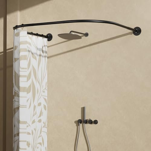 Womamny U Shaped Shower Curtain Rail Black, Curved Shower Rail No Drill, 70-95 cm Adjustable Shower Curtain Rod, Corner Shower Curtain Pole No Drill or Drill Installation