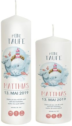Liamoria® Taufkerze Junge mit Name und Datum Motiv Wal in Blau 25 cm inkl. Taufspruch mit 1 Patenkerze Lange Brenndauer in weißer Farbe - die perfekte Taufkerzen für Jungen