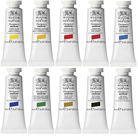 Winsor & Newton Designers Gouache - Set di Iniziazione gouache professionale da 10 tubi da 14 ml, colori assortiti, per design, illustrazione, arti grafiche