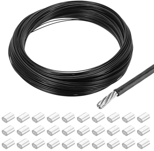 sourcing map Drahtseil, 304 Edelstahl, 1 mm, Vinylbeschichtet mit 30 Aluminiumhülsen zum Aufhängen, Wäscheleinen, Heben, 50 m, Schwarz