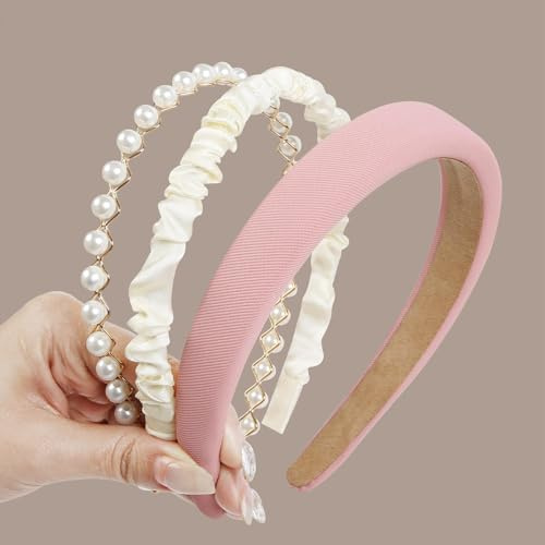 DIELOVEHUA 3 Stück Haarreifen Mädchen, Perlen Haarreif, Mädchen Breit Kopfband, Rutschfestes Stirnbänder, Haarreifen Set Damen, für Geburtstag Hochzeit Party Valentinstag - Rosa
