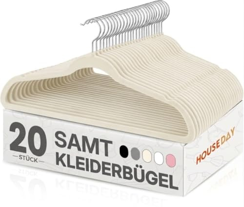 HOUSE DAY Kleiderbügel Samt 20 Stück, Kleiderbügel Platzsparend Filz Bügel - Rutschfester, Premium Anzugbügel, 360° Drehbarer Haken, Beige