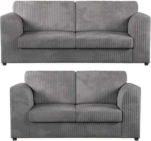 Bliss Furniture's Jumbo Cord High Back 3 and 2 Seater Sofa Sets | Supreme Comfort Duo in Soft Cord Fabric - Elevate Your Living Space with Double the Style and Comfort. (Grey, 3+2 Set)