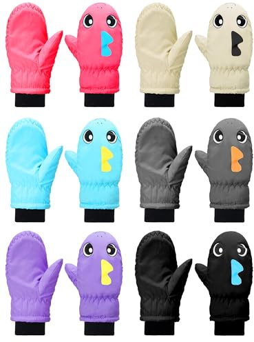 SATINIOR 6 Pairs Kids Waterproof Mittens Bulk Toddler Snow Gloves Winter Ski Mittens for 1-12 Years Girls Boys(Classic Color,1-3 Years)