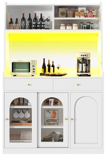 KecDuey Armadio da cucina, alto con 2 cassetti, armadietto a buffet con ripiani regolabili, armadio da sala da pranzo con illuminazione a LED, colori diversi per soggiorno (bianco)