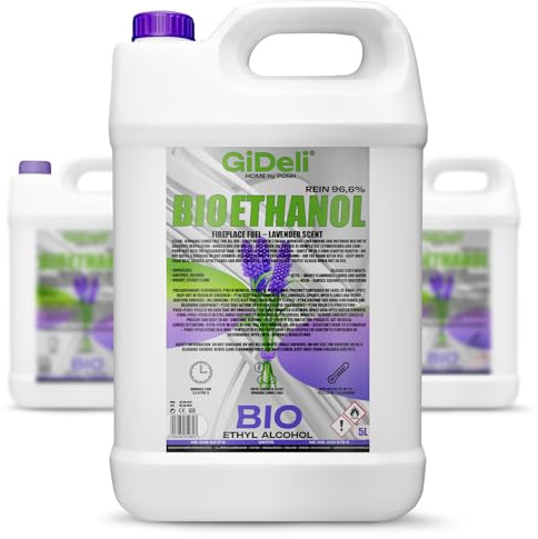 GiDeli Bioetanol 3 x 5 l de aroma de lavanda 96,6% etanol para chimeneas interiores y exteriores, sin humo ni hollín, de maíz y remolacha azucarera