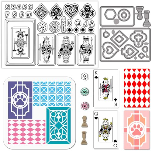 GLOBLELAND Klarer Silikonstempel, Schneideformen & PET Mal-Schablonen Set, Muster mit Cartoon-Hund und Poker-König Spielkarten, Bastelvorlagen für Scrapbooking, Kartenherstellung & DIY Bastelarbeiten