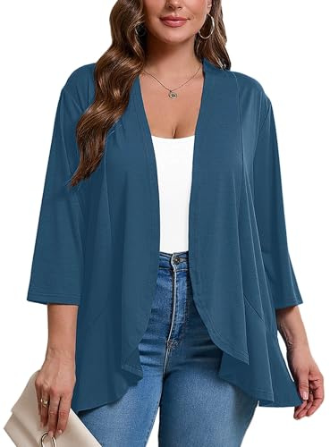AusLook Plus Cardigans for Woman Draped Ruffle Kimono Jacket, Blue, 3X