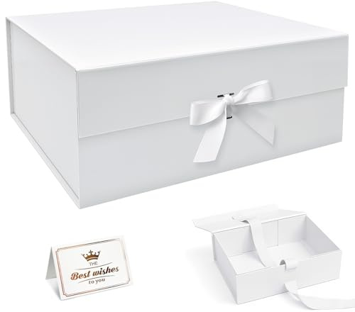 Samlior Geschenkbox 33x25x12,5cm, Geschenkkarton mit Magnetisch Deckel und Schleife Grußkarten, Geschenkboxen für Geburtstag Hochzeit Jubiläum Weihnachten-Weiß