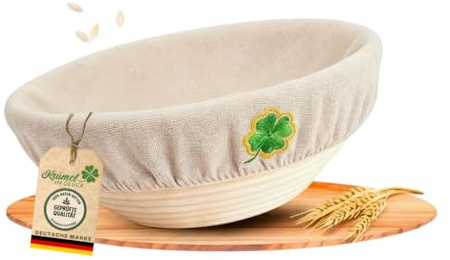 Krümel im Glück® Gärkörbchen rund 23 cm - 100% Natur-Rattan inkl. waschbarem Überzug zum Brot backen, Gärkorb als Backzubehör für Sauerteig Starter Set, Brot backen Zubehör, Brotkorb, 1Kg Teig