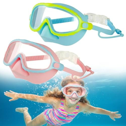 Lot de 2 lunettes de natation anti-buée pour enfants avec cache-nez, vision large HD, anti-buée, masque de natation réglable à clipser pour enfants de 4 à 16 ans (bleu + jaune)