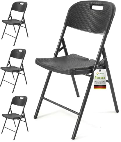 Sekey Rattan Klappstuhl 4er Set, Gartenstuhl Klappbar, Campingstuhl Wasserdicht bis 150KG, Balkon Stühle aus Metall & Kunsttoff, Klappstühle für Esszimmer, Garten und Terrasse, Schwarz