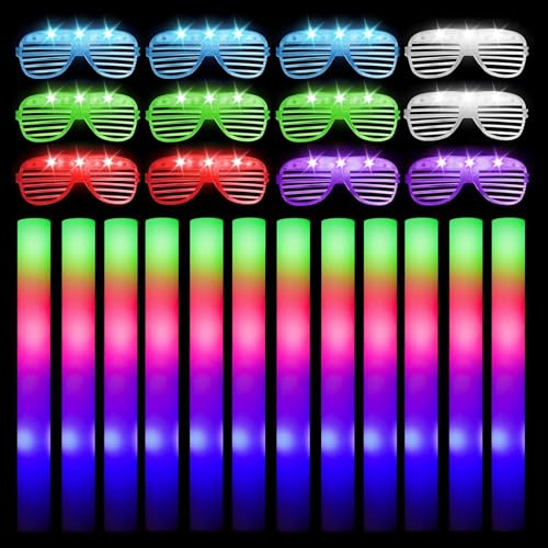12 PCS Led Foam Glow Sticks+ 12 pack Party Flashing Glasses.Glow Sticks Bulk, Christmas Party Supplies with 3Modes Colorful Flashing, Valentines Day Gifts Glow in The Dark Party Supplies for Parties
