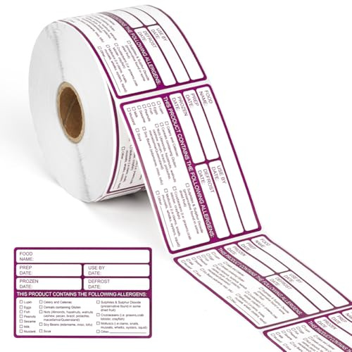 DiULi Etiquetas para Alérgenos, Rollo de 500 Unidades Etiquetas Adhesivas de Advertencia de Alérgenos Alimentarios, 50 x 70 mm Pegatinas de Alergias Alimentarias, Calcomanías para Cocinas Comerciales