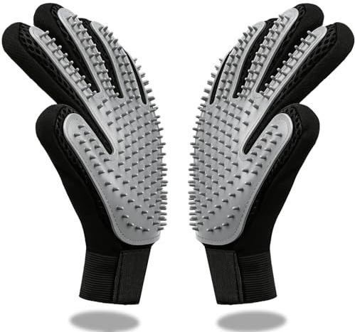 JIUBULUJIU 1 Pair Cat Grooming Glove, Grey Pet Hair Remover Glove | Dog Washing Gloves with Enhanced Five Finger Design for Pets with Long or Short Fur