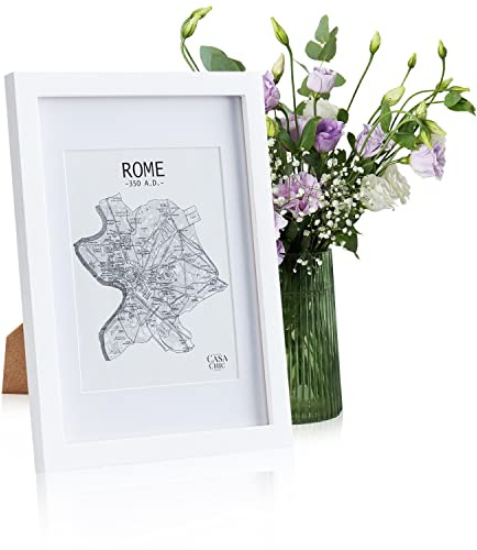 Classic by Casa Chic - Echtholz Bilderrahmen A4 - Weiß - 21 x 29,7 cm - mit Passepartout für ein 15×20 Bild - bruchfestes Sicherheitsglas - Ideal für Zertifikate und Urkunden - Rahmenbreite 2cm
