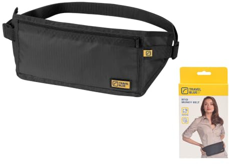 Travel Blue 114 Flache Bauchtasche mit RFID Blocker Schwarz Hüfttasche Unisex Enganliegender Wasserabweisender Sicherheits-Geldgürtel zum Sport, Reisen, Urlaub, Festivals Wasserdichte Tasche
