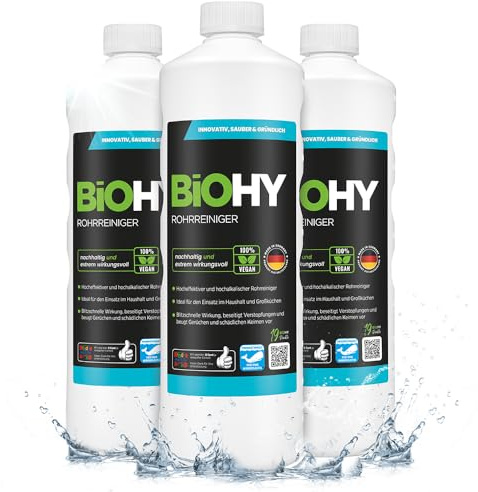 BiOHY Detergente per tubi (3 bottiglie da 1l) | Liquido, altamente concentrato per lo scarico | Inodore | Per tutti gli intasamenti (Rohrreiniger)