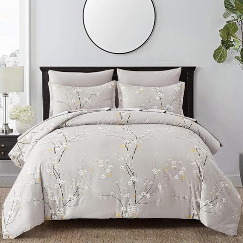 Double Size Grey Plum Flower Printed Duvet Cover Set bedding Set 3 pcs Soft Microfiber Botanical Branch Duvet Cover with 2 Pillowcases and Zipper Closure 200 x 200cm