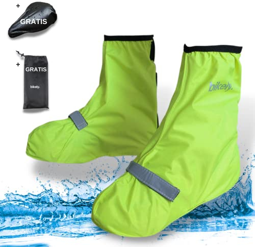 sweatness Regenschutz Schuhe Fahrrad Wasserdicht Inkl. Sattelbezug - Gr. 36-39 Gelb mit Reflektoren Streifen und einfachen Größeneinstellung für Damen und Herren