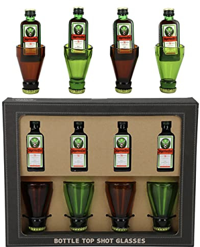 Kimm & Miller Jagermeister Shot Glass Alcohol Gift Set - 4 Bottle Top Shot Glasses with 4 Jager Miniature Bottles 2cl - 35% ABV - Fun Christmas or Birthday Gifts for Him or Her