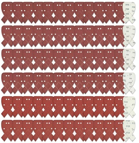 Brackit 120 piece Mouse Sanding Pads with Hooks and Loops (20 Each of 60, 80, 120, 180, 240, 320 Grit) Triangular Detail Sander Sheets for Wood, Metal and Paint